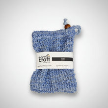 Load image into Gallery viewer, Blue sisal soap bag with a label on a white background