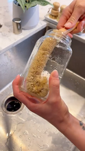 Load image into Gallery viewer, Hands washing a clear jar with a beige bristle brush.