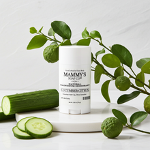 Load image into Gallery viewer, Mammy's Soap Co. deodorant stick with cucumbers and leaves on a white background