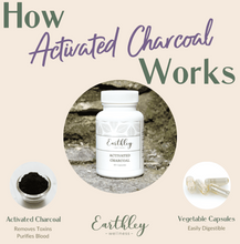 Load image into Gallery viewer, Earthley Activated Charcoal supplement bottle with text explaining how it works on a beige background.