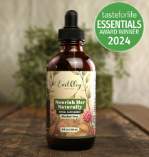 Load image into Gallery viewer, Bottle of Earthley Nourish Her Naturally herbal supplement on a wooden surface with a plant in the background.
