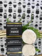 Load image into Gallery viewer, Mammy's Soap Co shave bars with a decorative background featuring black beards.