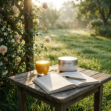 Load image into Gallery viewer, A skincare product jar labeled 'Mammy's Soap Co African Rose' sits on a rustic wooden table outdoors in a sunlit garden, alongside an open book, a pen, and a glass of amber liquid.