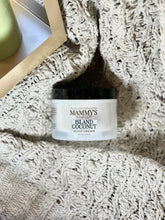 Load image into Gallery viewer, Island Coconut Body Cream nestled in a soft, cream-colored textured blanket beside a gold tray.