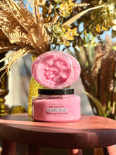 Load image into Gallery viewer, Starry Night Sugar Body Polish displayed open on a red wooden table surrounded by plants and fall décor.