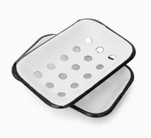 Load image into Gallery viewer, Two part enamel and metal white soap dish with black outline with metal holder on a white background