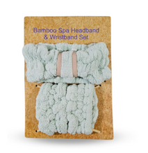 Load image into Gallery viewer, Sage Green Bamboo Spa Headband & Wristband Set on a cardboard packaging with text.