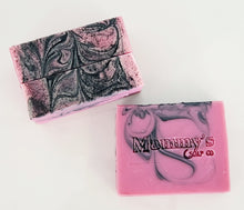 Load image into Gallery viewer, three bars of black velvet magenta handcrafted bar soap with black swirls stamped Mammy's Soap Co