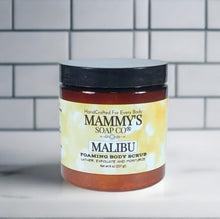 Load image into Gallery viewer, 8 oz amber jar of malibu scented foaming body scrub.