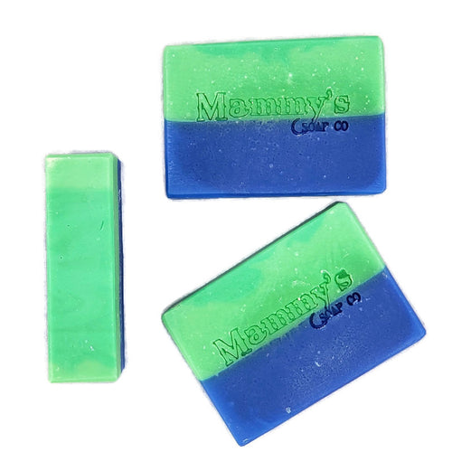 Three bars of blue and green American man handcrafted bar soap stamped Mammy's Soap Co