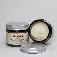 Load image into Gallery viewer, 2 amber glass jars with one jar showing contents of belly and booby nipple cream for pregnant and nursing women