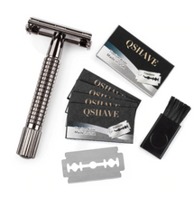 Load image into Gallery viewer, gun metal safety razor 5 titanium blades and box and cleaning brush
