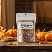 Load image into Gallery viewer, Mammy's Soap Co Autumn Harvest herbal tea blend package on a wooden table with pumpkins and leaves.
