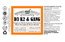 Load image into Gallery viewer, Supplement label for D3 K2 &amp; Gang with branding and product information.
