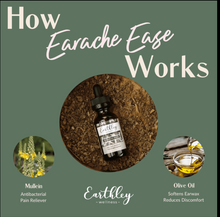 Load image into Gallery viewer, How Earache Ease Works with Mullein and Olive Oil, and a small amber bottle 
