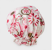Load image into Gallery viewer, Floral patterned shower cap on a white background
