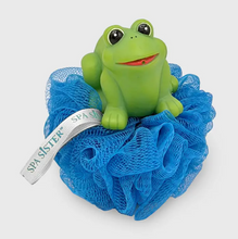 Load image into Gallery viewer, Green frog toy on a blue loofah with 'Spa Sister' branding.
