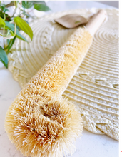 Load image into Gallery viewer, A beige coconut bottle cleaning brush with medium stiffness bristles, a wooden handle, and a cotton loop, displayed on a white surface.
