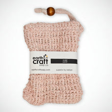 Load image into Gallery viewer, Pink woven soap saver with 'earth craft' label on a light background
