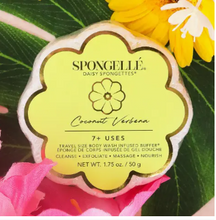 Load image into Gallery viewer, Spongellé body wash buffer with green label against a floral background
