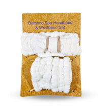 Load image into Gallery viewer, Cream Bamboo Spa Headband &amp; Wristband Set on a cardboard packaging with text.
