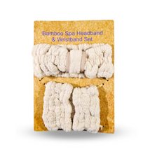 Load image into Gallery viewer, Taupe Packaged bamboo spa headband and wristband set on a white background

