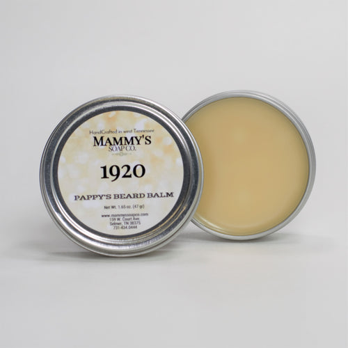 1920 handcrafted natural beard balm in silver metal tin with screw on lid showing tin contents