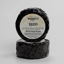Load image into Gallery viewer, two 1920 stacked handmade shaving soap pucks wrapped in black foil with label

