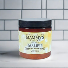 Load image into Gallery viewer, 8 oz amber jar of malibu scented foaming body scrub.
