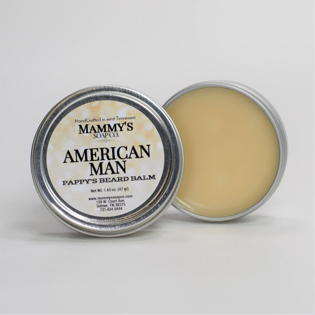 American man handcrafted natural beard balm in silver metal tin with screw on lid showing tin contents