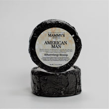 Load image into Gallery viewer, two American man stacked handmade shaving soap pucks wrapped in black foil with label
