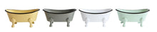 Load image into Gallery viewer, 4 vintage enamel claw foot bath tub soap dishes colored in yellow, olive gray, white and mint
