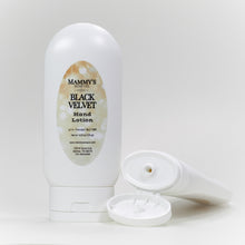 Load image into Gallery viewer, Black Velvet Hand Lotion is a sweet and herbaceous blend of peach, coconut, wild berry, bergamot, and strawberry with notes of jasmine, rose, and violet with soft notes of musk.

