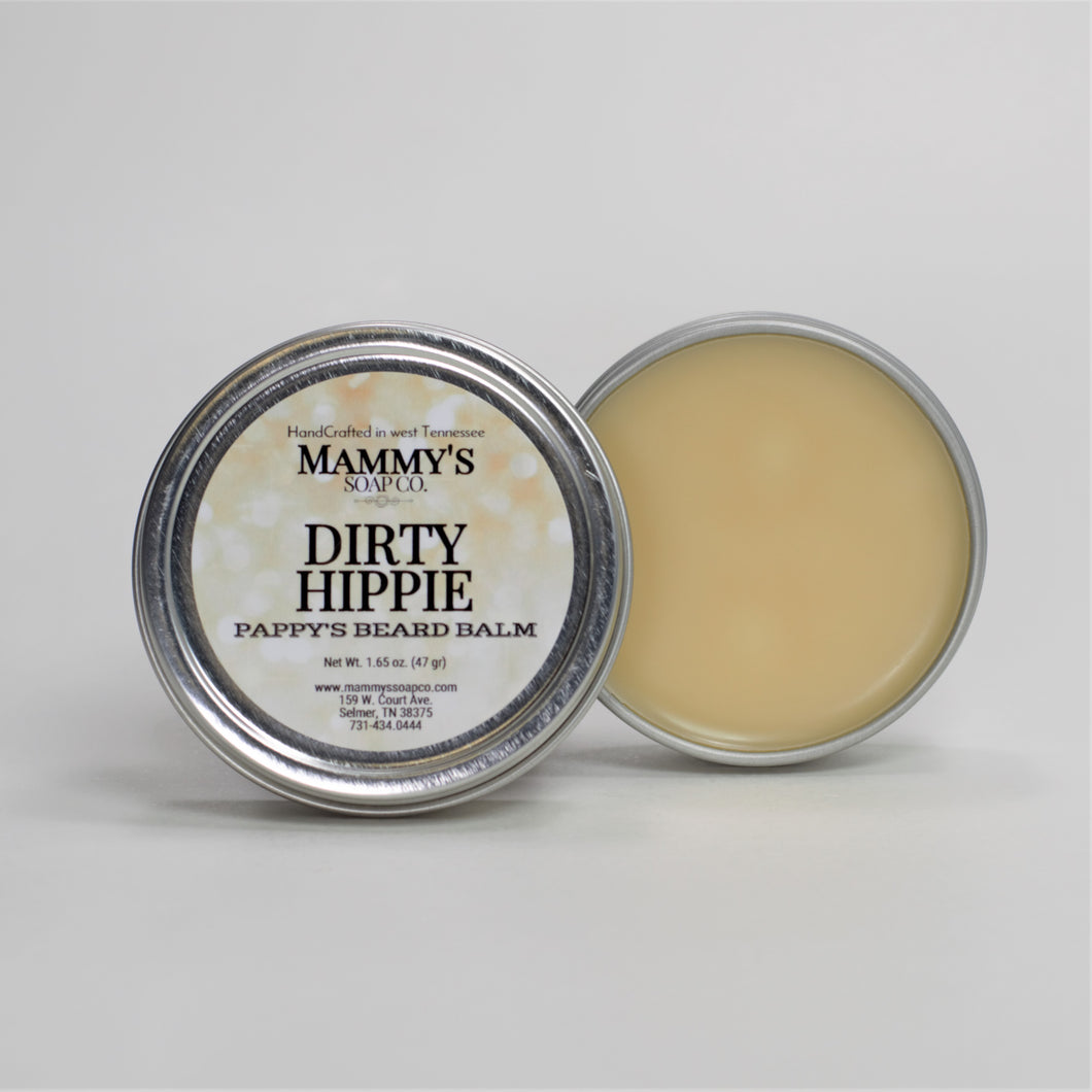 dirty hippie handcrafted natural beard balm in silver metal tin with screw on lid showing tin contents