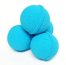 Load image into Gallery viewer, blue bath bomb with fresh banana, sweet grapefruit, mandarin orange, kiwi, coconut, raspberries, strawberries and apple scent
