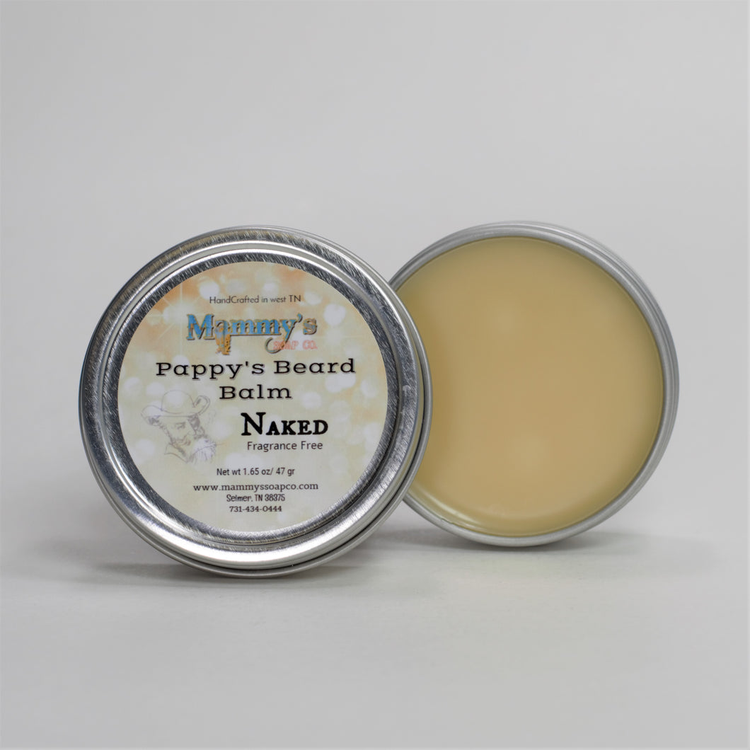 unscented handcrafted natural beard balm in silver metal tin with screw on lid showing tin contents