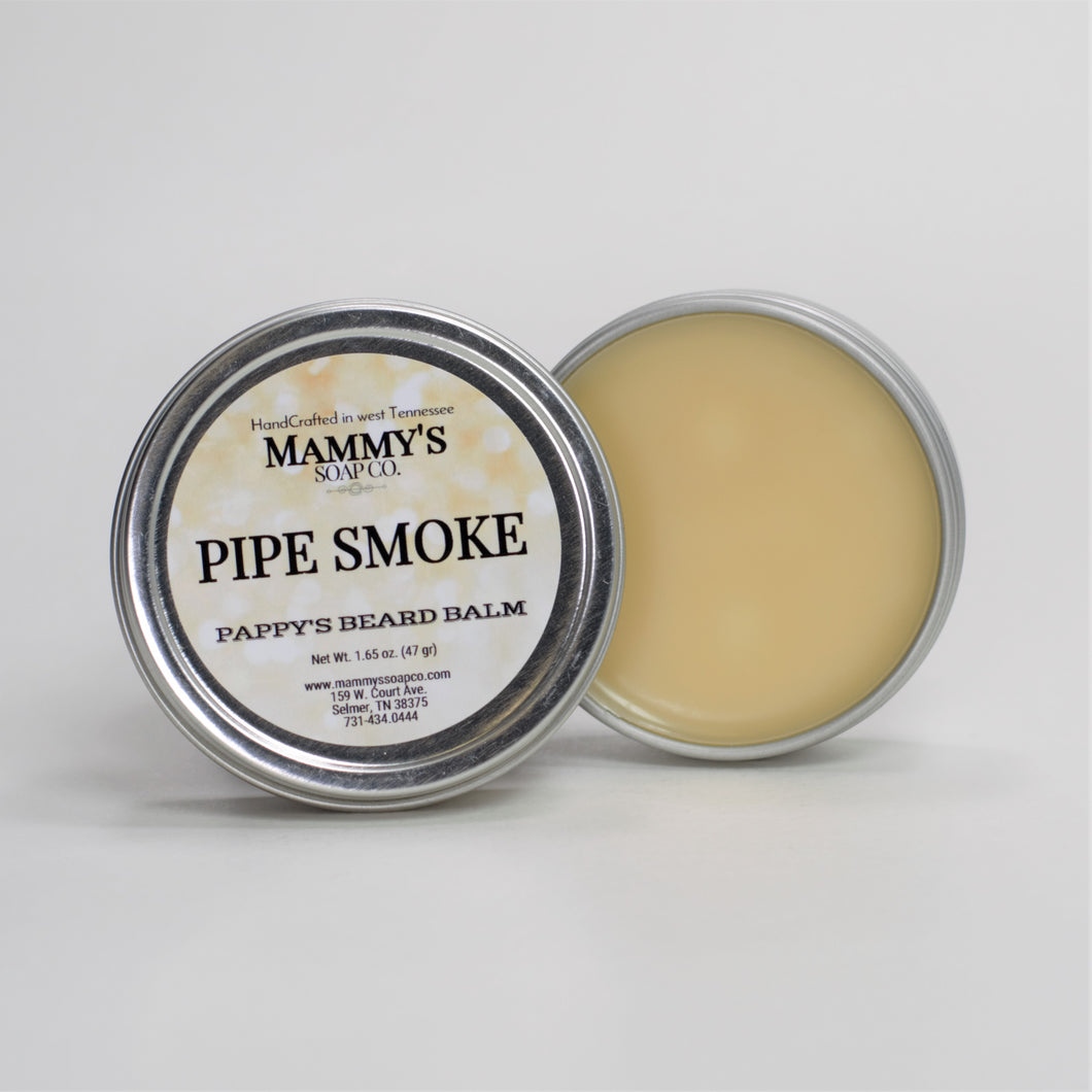 pipe smoke handcrafted natural beard balm in silver metal tin with screw on lid showing tin contents