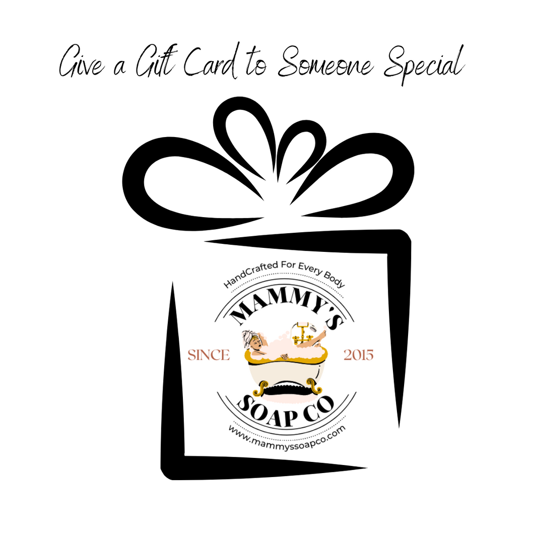 advertising a gift card with mammys soap co logo inside black outlined gift box